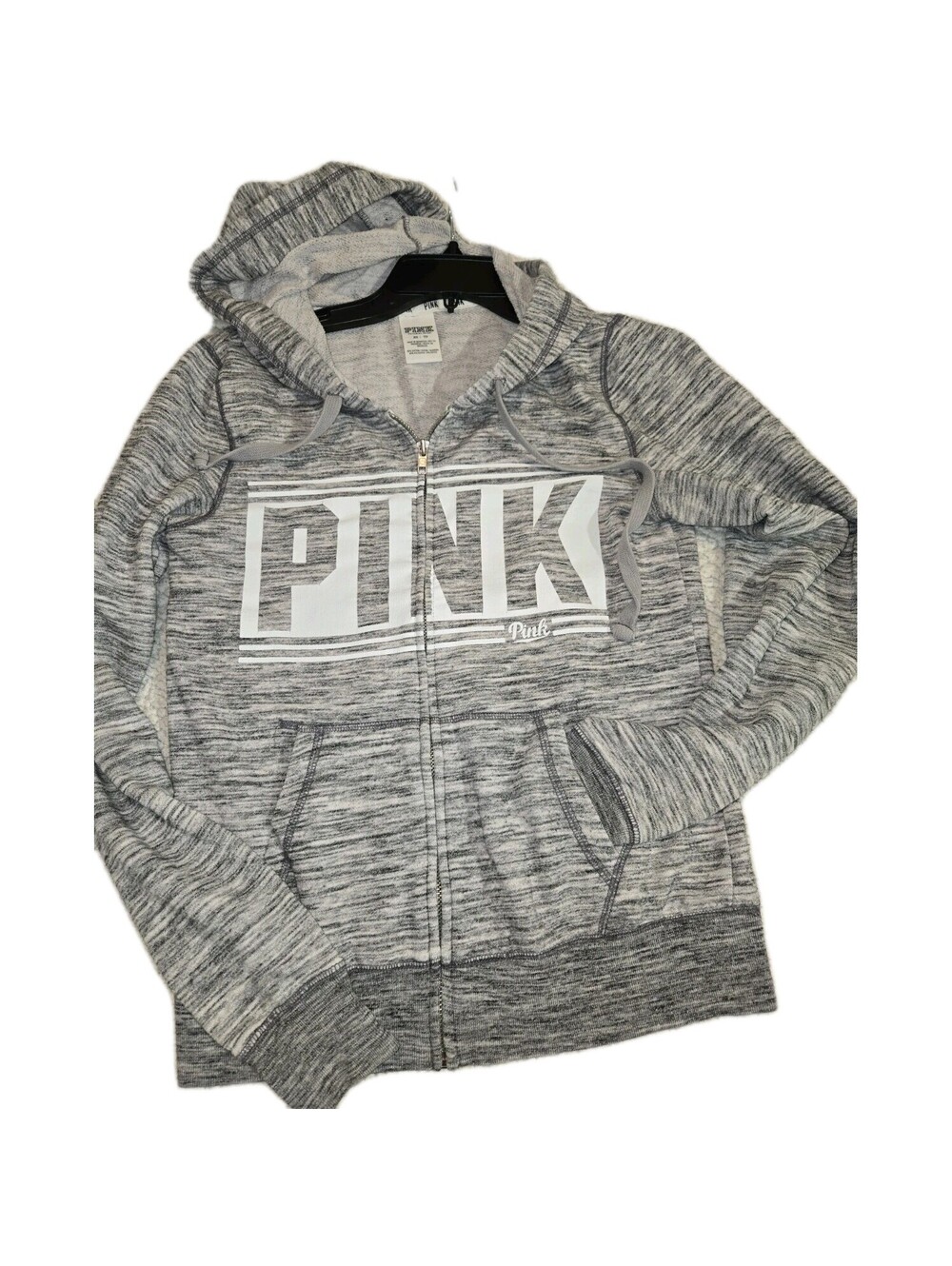Victoria's Secret Pink Full Zip Hoodie Sz XS Gray Marled Pink Chest Logo